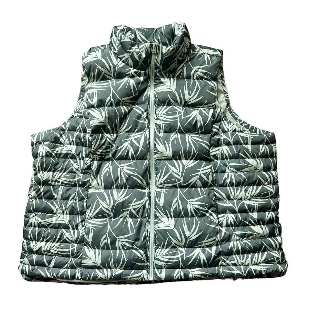 Lands’ End green bamboo leaf print down filled puffer vest